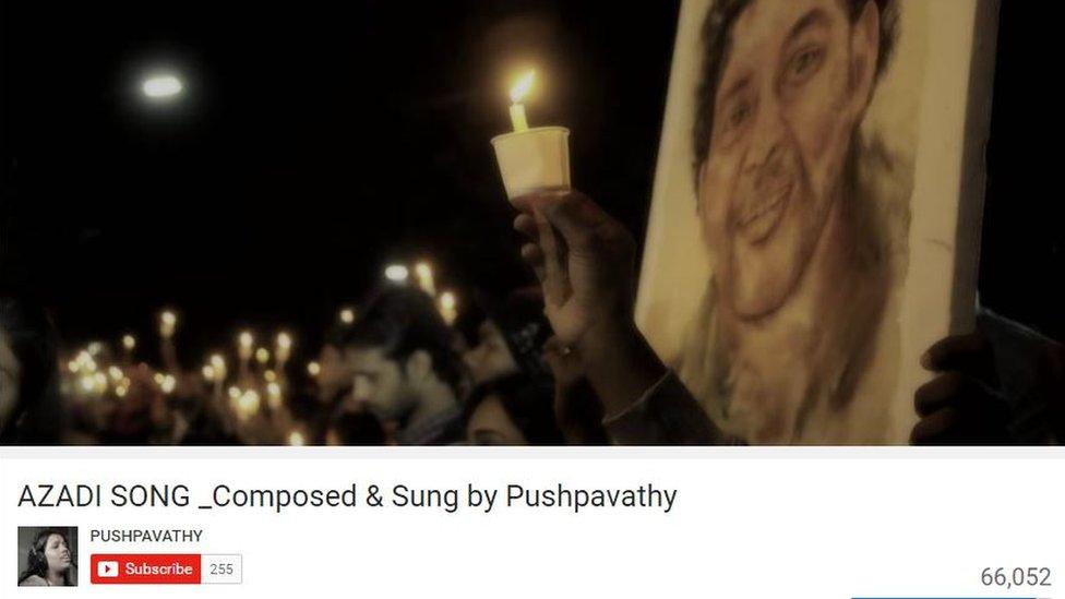 YouTube screenshot of 'freedom' song by Kerala-based singer Pushpavathy Poypadathy which shows a candlelight vigil for Dalit student Rohith Vemula