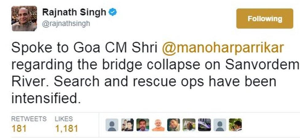 Spoke to Goa CM Shri @manoharparrikar regarding the bridge collapse on Sanvordem River. Search and rescue ops have been intensified.