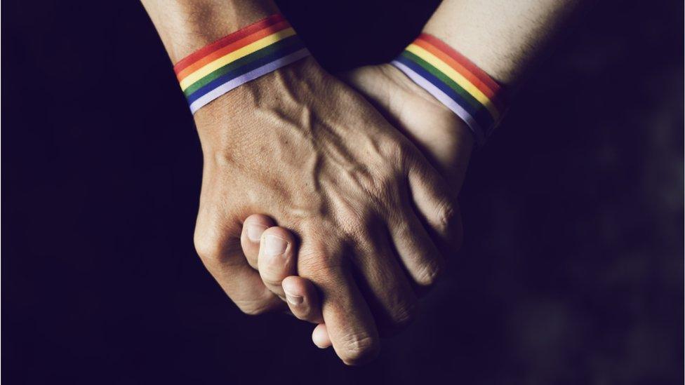 A gay couple holding hands