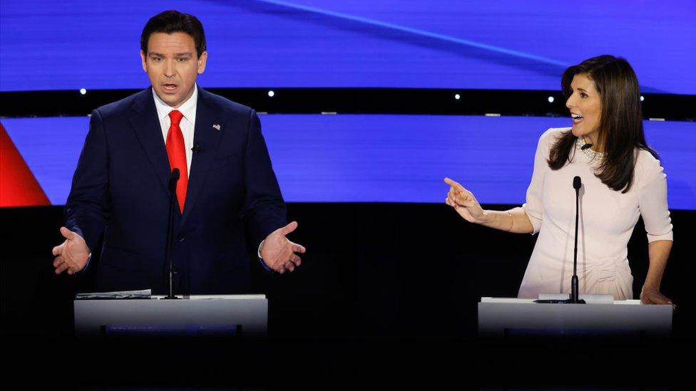 Republican presidential candidates Florida Governor Ron DeSantis and former UN Ambassador Nikki Haley participate in the CNN Republican Presidential Primary Debate in Sheslow Auditorium at Drake University on January 10, 2024 in Des Moines, Iowa