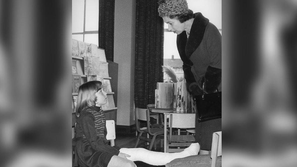 The Queen visiting the Cherry Tree Academy in 1978 talking to seven-year-old Elizabeth