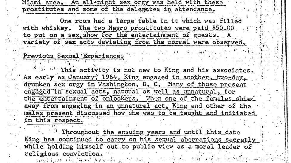 A screenshot of an old, photocopied file page detailing Dr King's alleged sexual misconduct