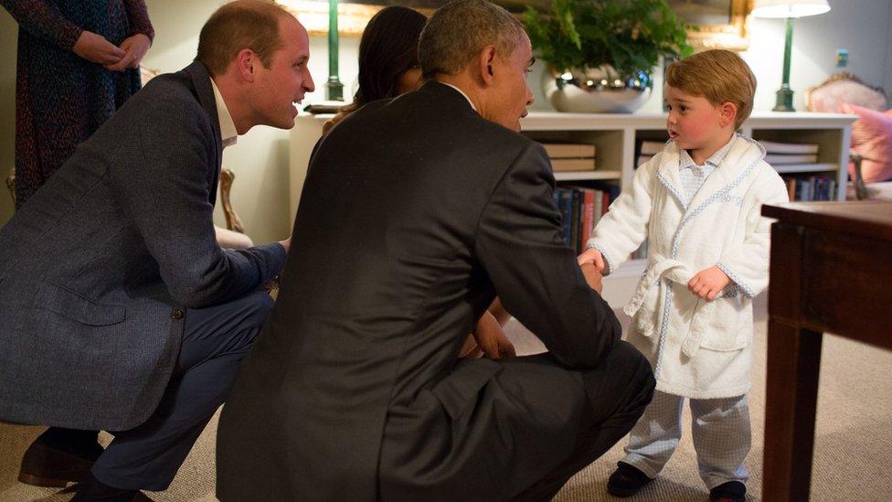 Left to right, the Duke of Cambridge, Barack Obama, Prince George