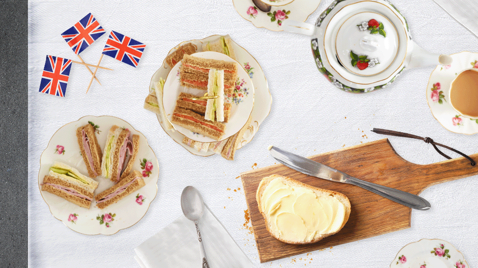 A typical street party table, including tea, bread and bunting