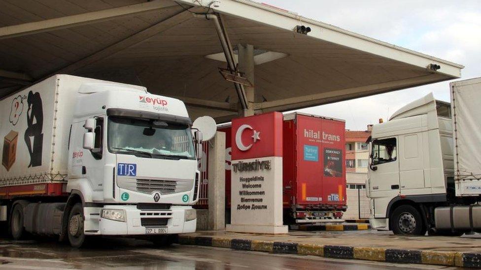 Lorries at a customs post at the Turkey-Bulgaria border