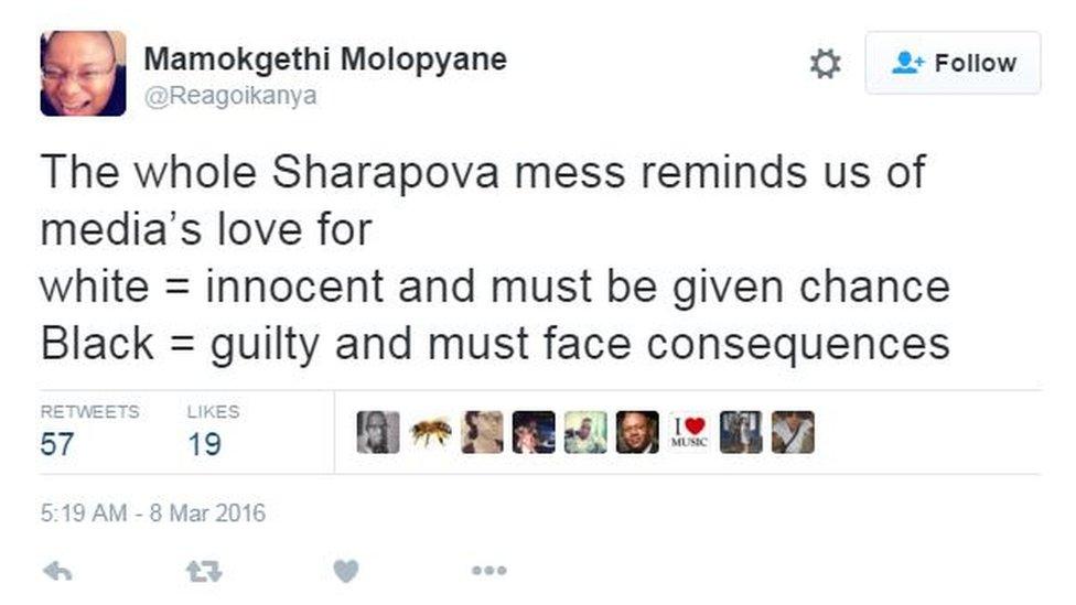 The whole Sharapova mess reminds us of how media's love for white= innocent and must be given a chance. Black=guilty and must face consequences