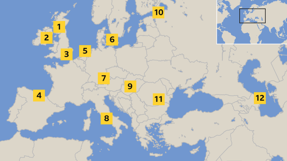 Map showing host cities for Euro 2020