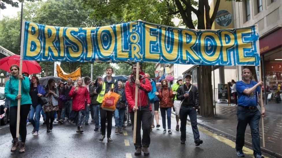 People march on a pro-EU demonstration through the city centre of Bristol