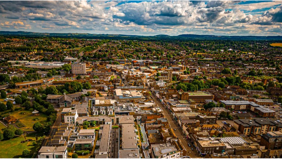 Aerial view of homes