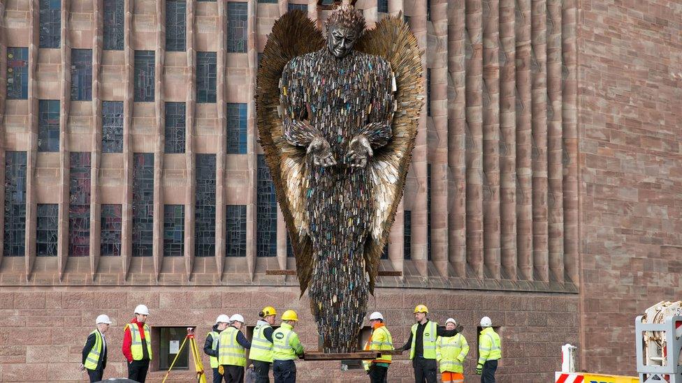 Knife Angel sculpture, made of 100,000 confiscated knives, is installed at Coventry Cathedral