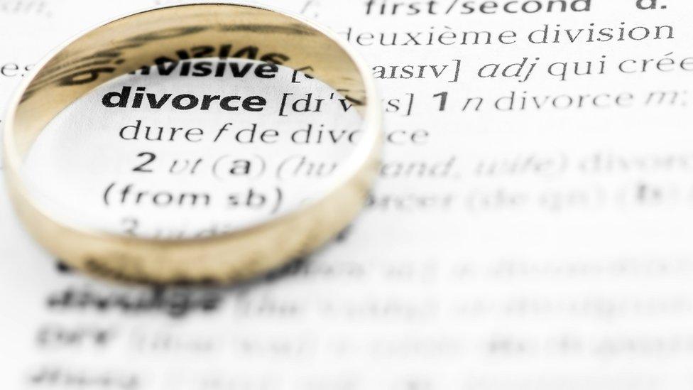 Wedding ring circling the word divorce