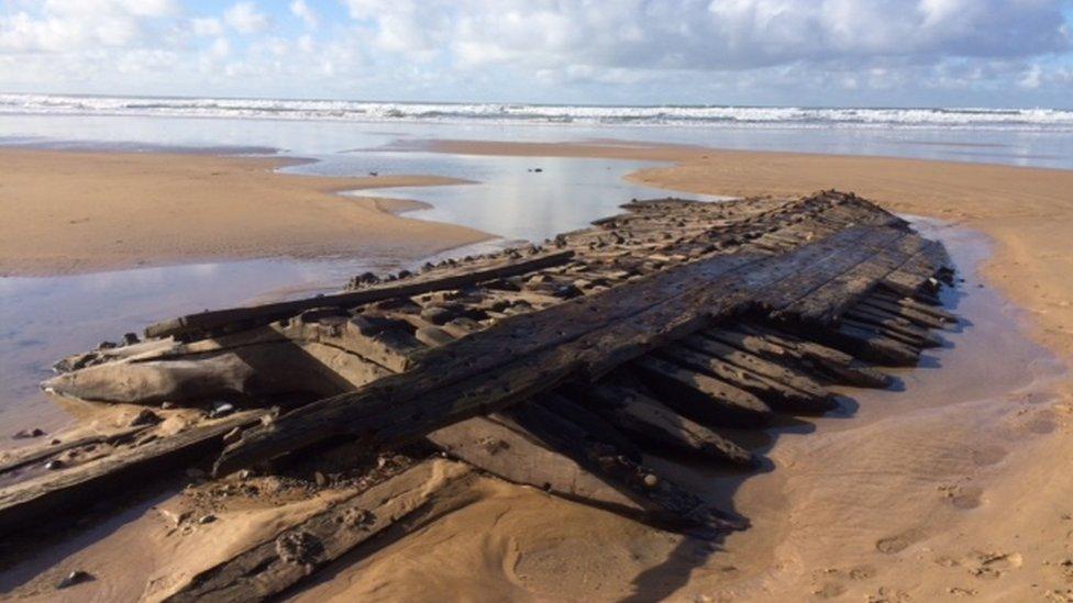 Sally Reeves captured this image of a shipwreck at Freshwater West beach in Pembrokeshire, which was uncovered by storms.