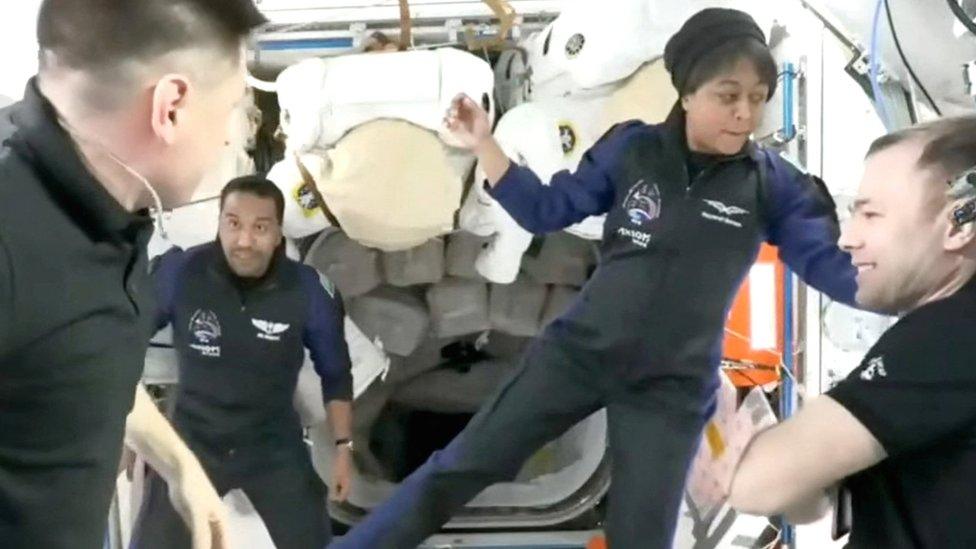 Rayyanah Barnawi (2nd right) and fellow Saudi astronaut Ali Alqarni (2nd L) inside the International Space Station (22 May 2023)