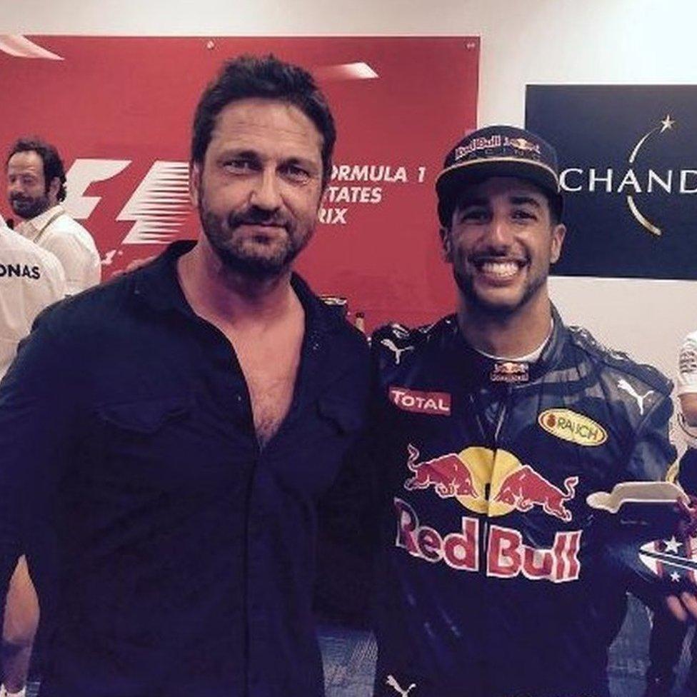 Gerard Butler with Daniel Riccardio after the US Grand Prix in Austin, Texas