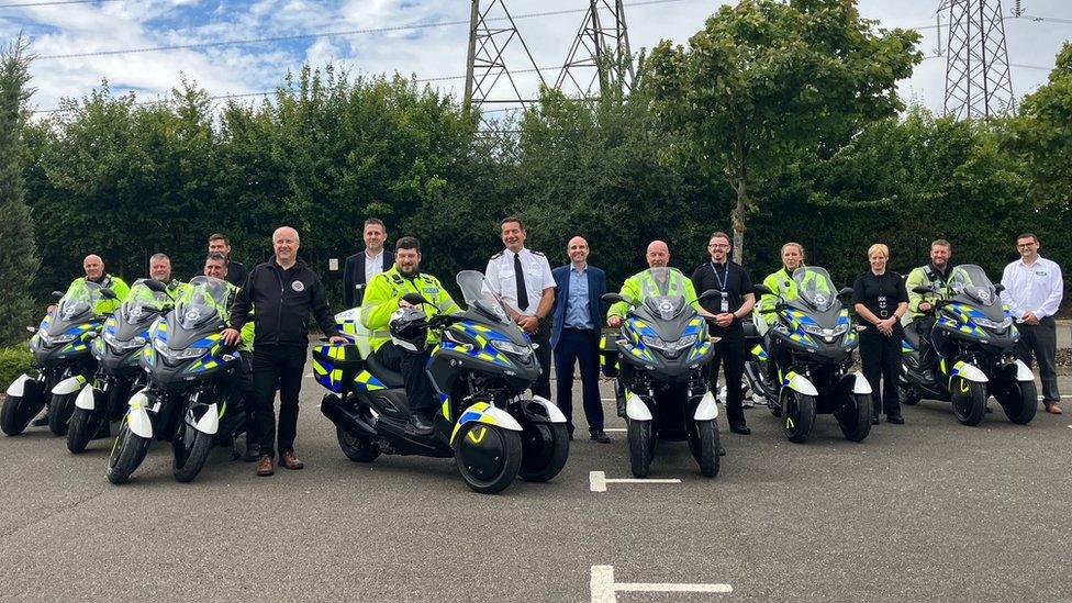 Northamptonshire Police's press call for the introduction of its new three-wheeled petrol hybrid motorbikes