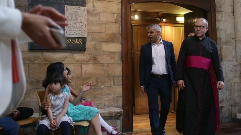 Sadiq Khan arrives with the Dean of Southwark Cathedral The Very Reverend Andrew Nunn