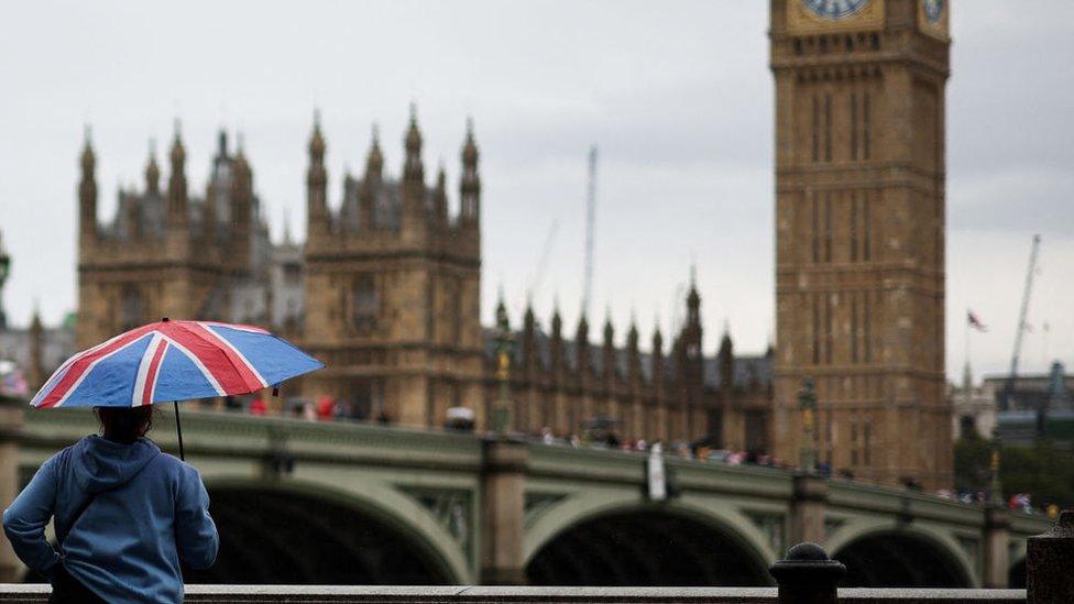 a person holding an umbrella staring at the houses of parliament