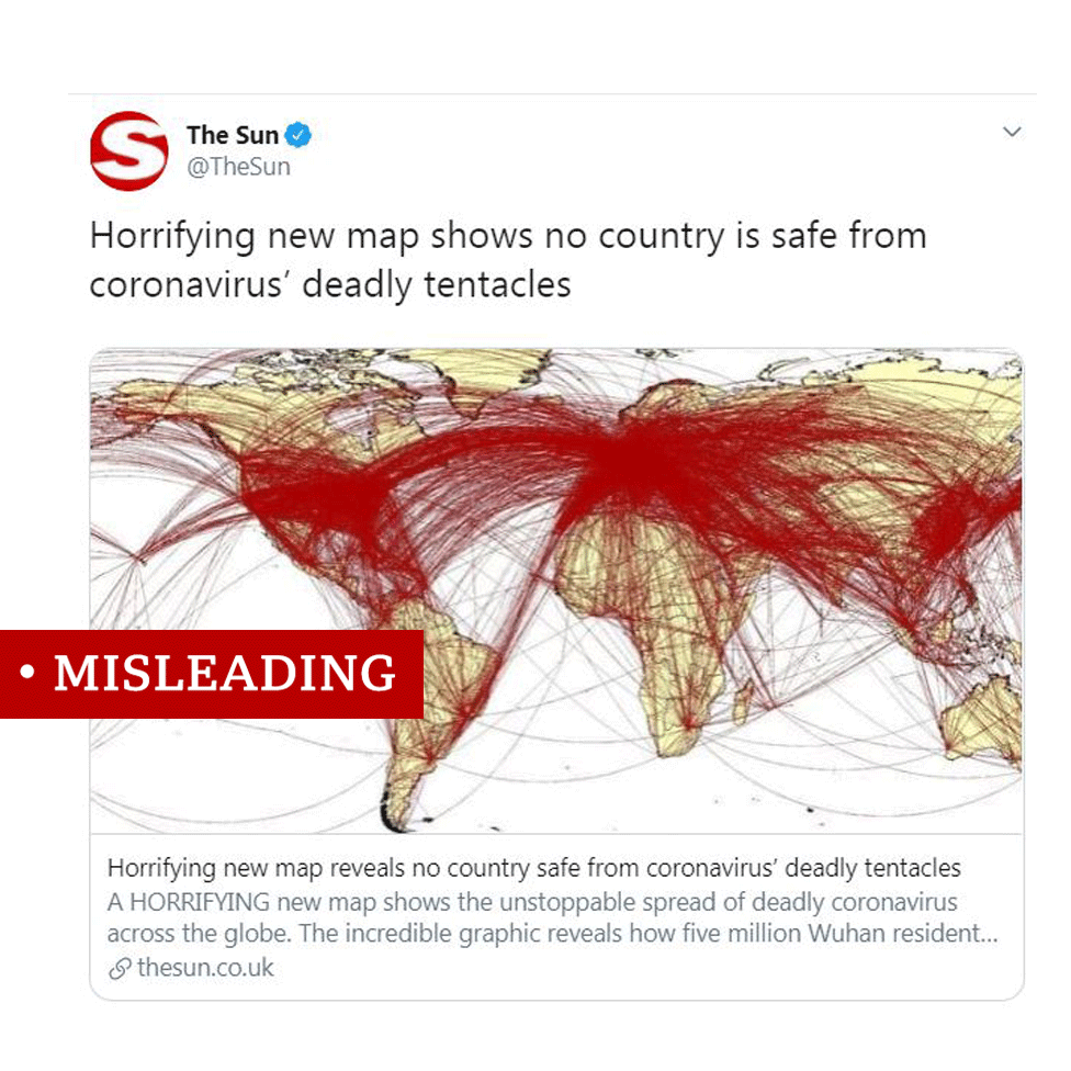 A screenshot of Tweet by the Sun Newspaper about the map. Headline reads: "Horrifying new map shows no country is safe from coronavirus' deadly tentacles."