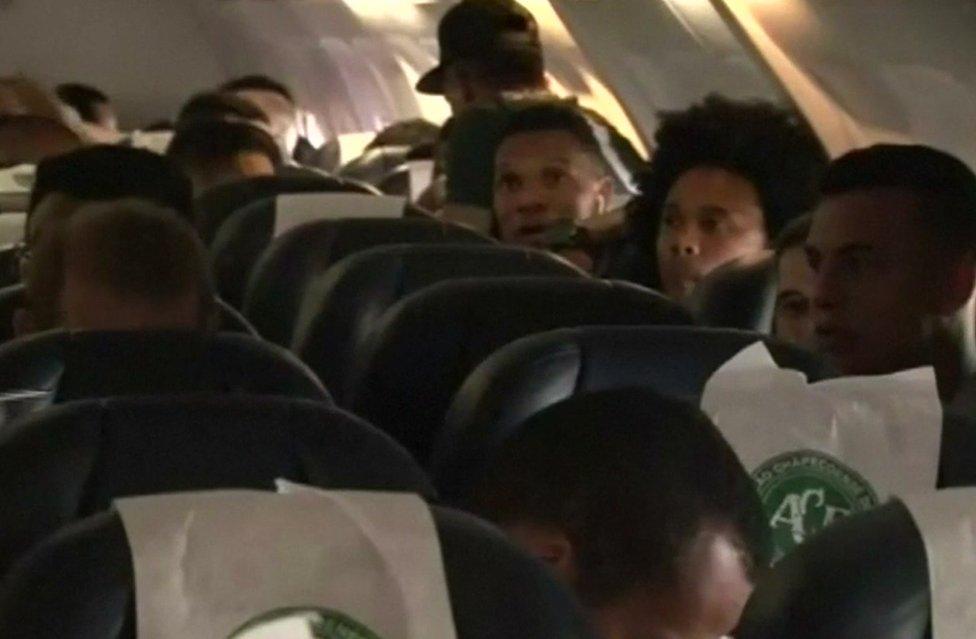 Some of the Chapecoense team in their seats before flying to Medellin