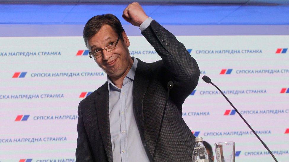 Aleksandar Vucic gestures during a press conference at the SNS party headquarters in Belgrade, Serbia (24 April 2016)