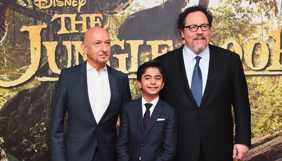 Sir Ben Kingsley, Neel Sethi and Jon Favreau at The Jungle Book premiere