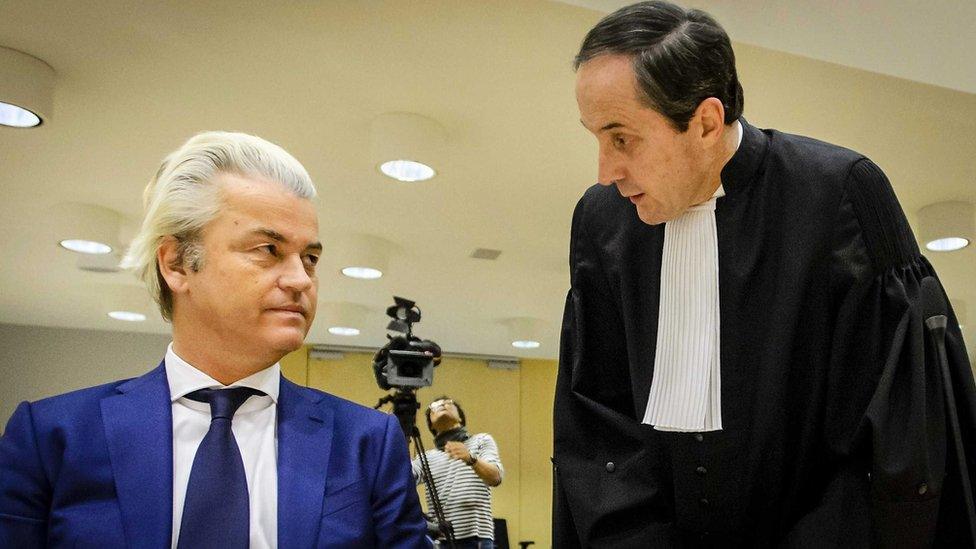 Geert Wilders of the Party for Freedom (PVV) and his lawyer Geert-Jan Knoops (L) prior to his trial, at Schiphol, Badhoevedorp, The Netherlands (18 March 2016)