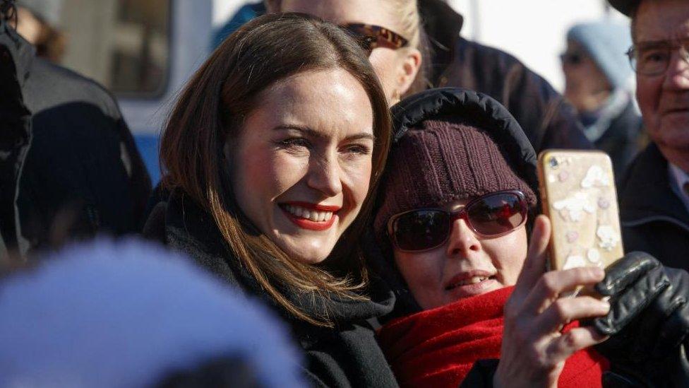 Finland's Prime Minister and chairperson of the Social Democratic Party SDP, Sanna Marin campaigns, ahead of the parliamentary elections day on April 2, at the Tammela market square, in her hometown Tampere, Finland, April 1, 2023