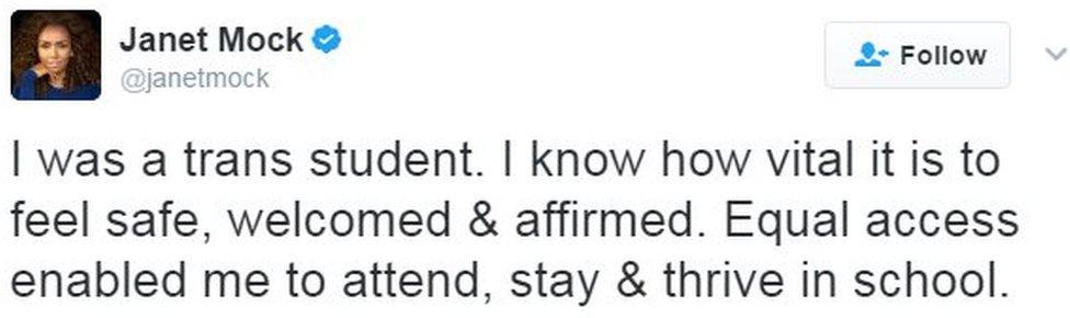 Tweet from writer Janet Mock reads: I was a trans student. I know how vital it is to feel safe, welcomed & affirmed. Equal access enabled me to attend, stay & thrive in school.