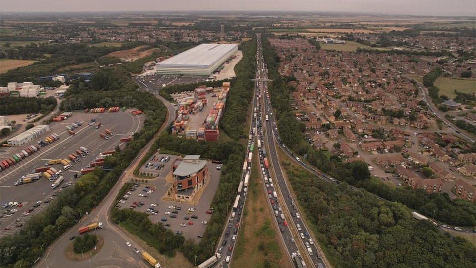 Traffic queuing on A14 in Suffolk