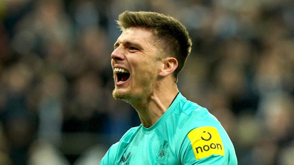 Newcastle United goalkeeper Nick Pope celebrate saving a penalty to win the shoot out during the Carabao Cup third round match at St. James" Park, Newcastle upon Tyne.