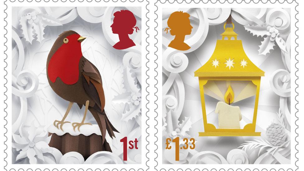 Robin and lantern stamp