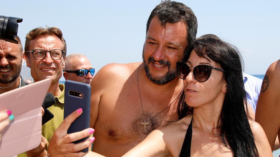 Mr Salvini and fan pose for a beach selfie in Taormina, 11 Aug 19