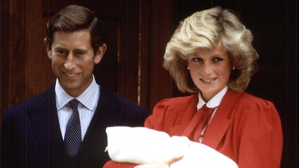 The Prince and Princess of Wales with a newborn Prince Harry