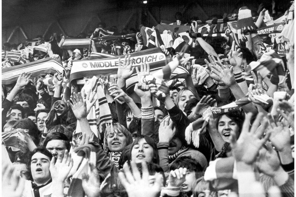 Boro fans in jubilant mood before the start of the FA Cup Quarter-final match, Middlesbrough V Orient, score 0 - 0, Ayresome Park, 11th March 1978