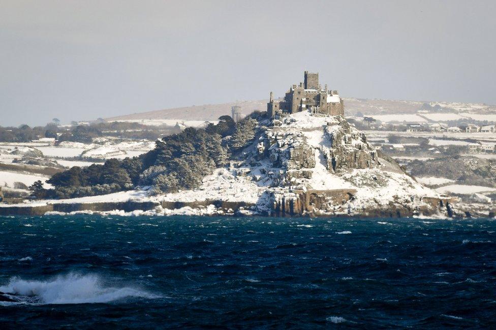 St Michael's Mount in Cornwall, lies covered in snow