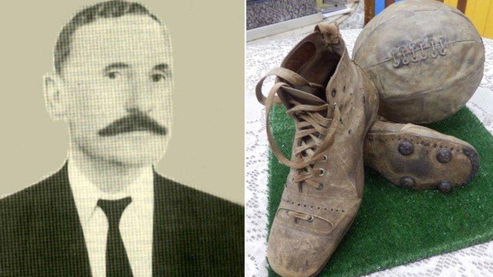 Donohoe in 1903 and a replica of a pair of his boots