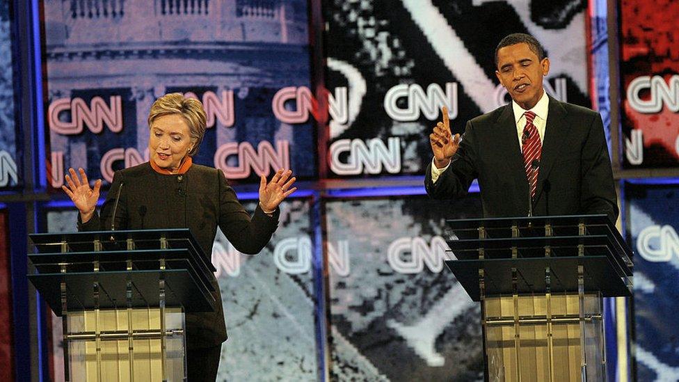 Then Democratic presidential hopefuls Senator Hillary Clinton and Senator Barack Obama debate in South Carolina in January 2008