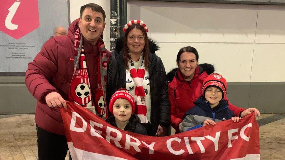 Emmett and Morgan Fletcher, Harry Killen, Donna-Marie Casey, and Emma-Jayne Rea celebrate Derry City's victory