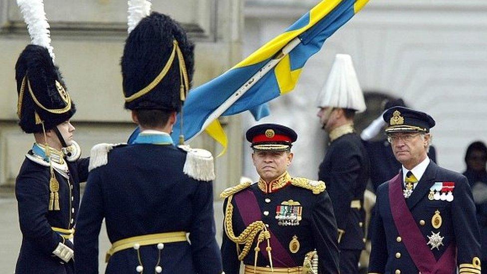 Swedish troops wearing bearskin hats in 2003