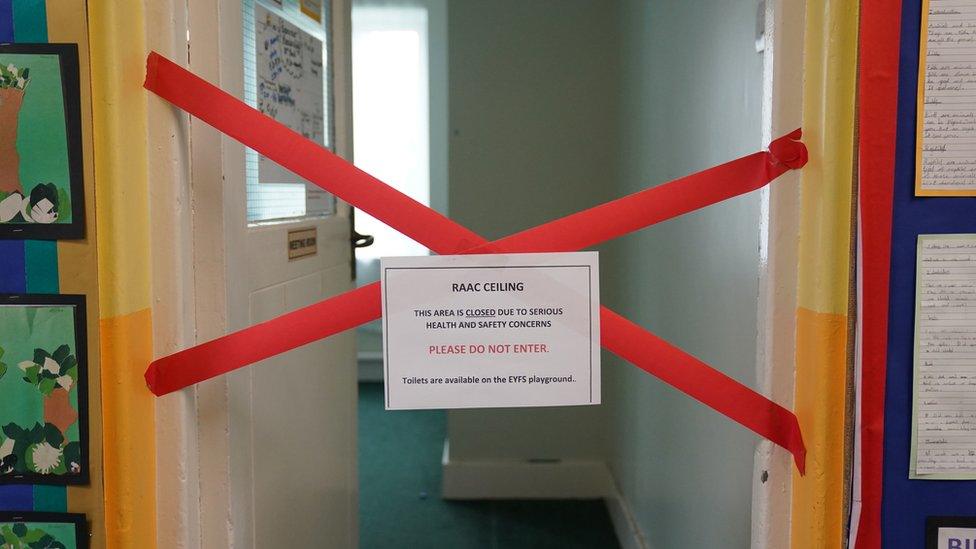 A no entry sign warning about a Raac ceiling at Parks Primary School in Leicester