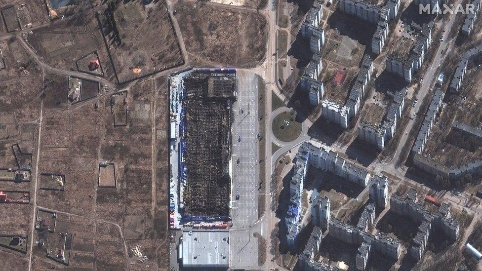 A satellite image shows a destroyed Epicenter K shopping centre, in Chernihiv, on 10 March