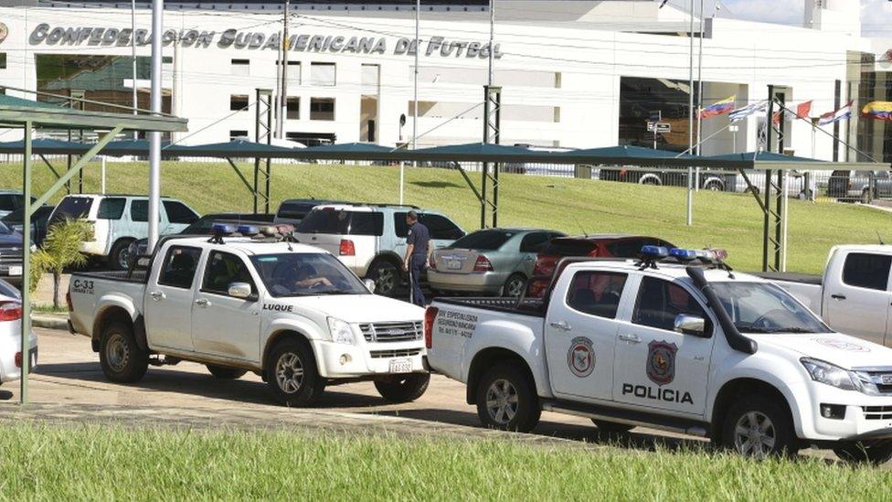 View of the Conmebol headquarters in Luque, Paraguay, on January 7, 2016, during a raid by a judge and two prosecuting attorneys within the framework of the FIFA corruption scandal.