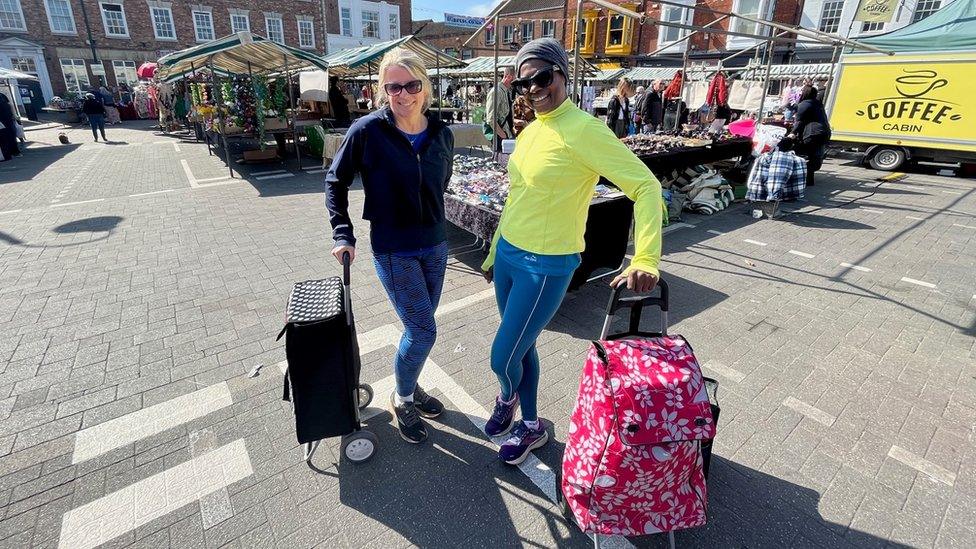 Friends Fiona Walkley, left, and Alison Goddard with shopping trolleys