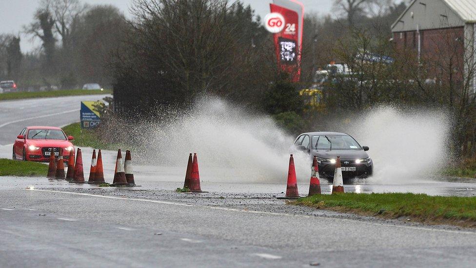 The A1 road near Banbridge flooded by heavy rain Sunday.