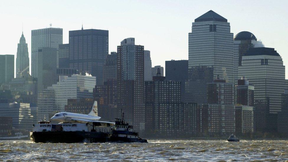 A retired BA Concorde was sailed up the Hudson River in New York to be exhibited at the Intrepid Sea, Air and Space Museum