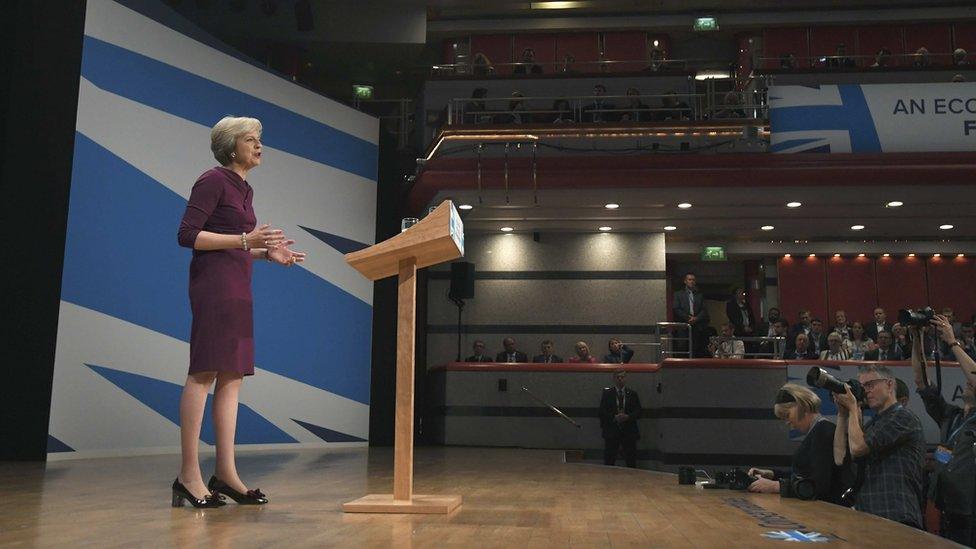 Theresa May gives her speech on the final day of the annual Conservative Party Conference in Birmingham