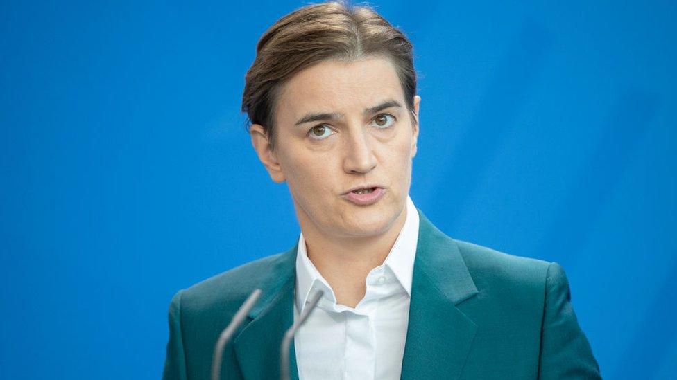 Serbian Prime Minister Ana Brnabic speaks to reporters