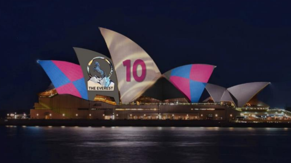 The revised horse race ad for the Sydney Opera House, showing a logo for "The Everest" and jockey colours