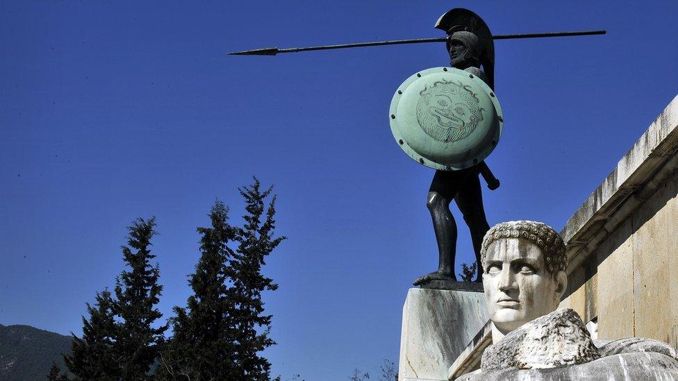 A statue of the famous Spartan king and warrior Leonidas standing near the hot spring of Thermopylae