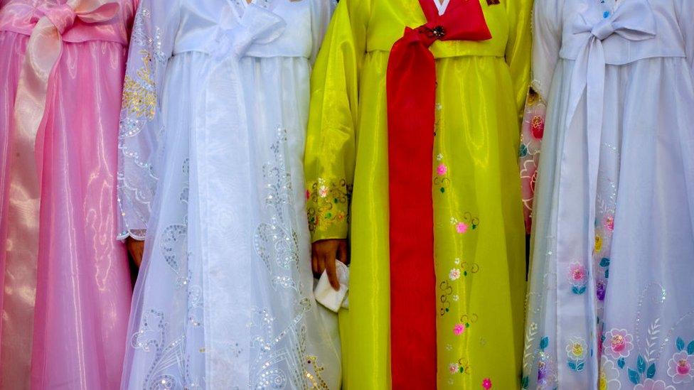 North Korean women dressed in the choson-ot, also known as a hanbok